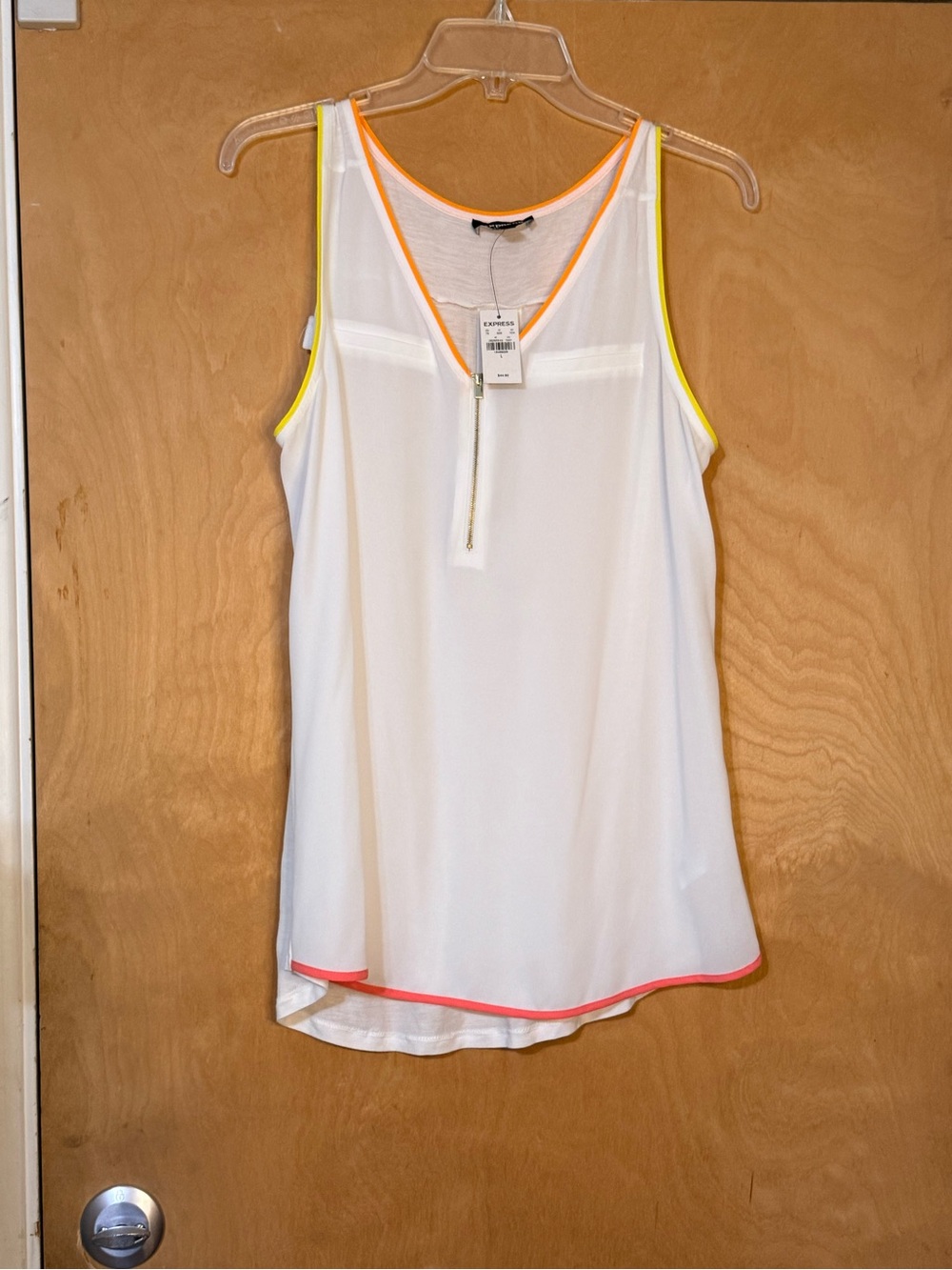 Express White Tank with Neon Yellow and Neon Coral Trim and Front Zip